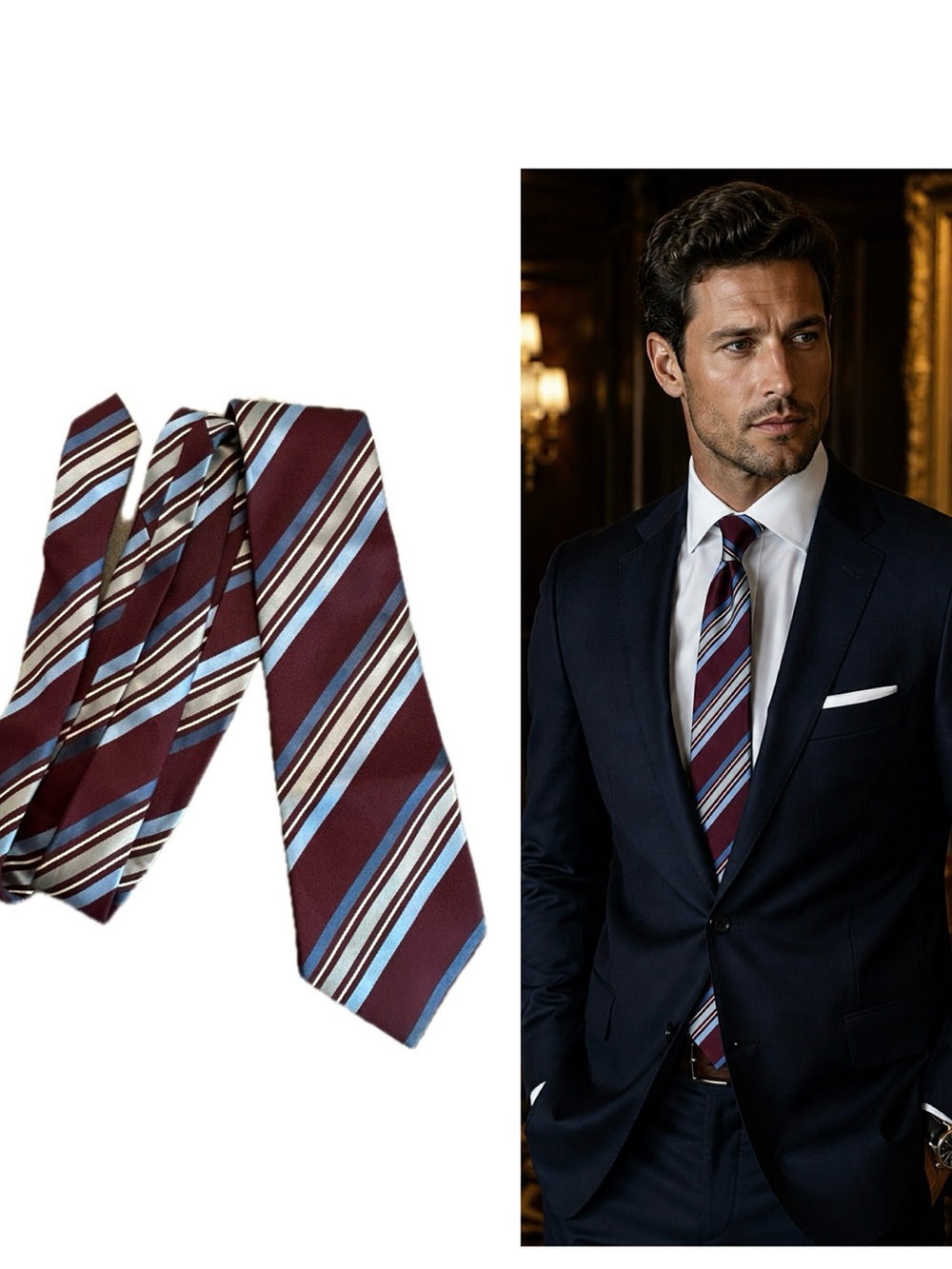 Balmain Paris Burgundy Blue Striped Silk Tie Luxury Designer Made in France
